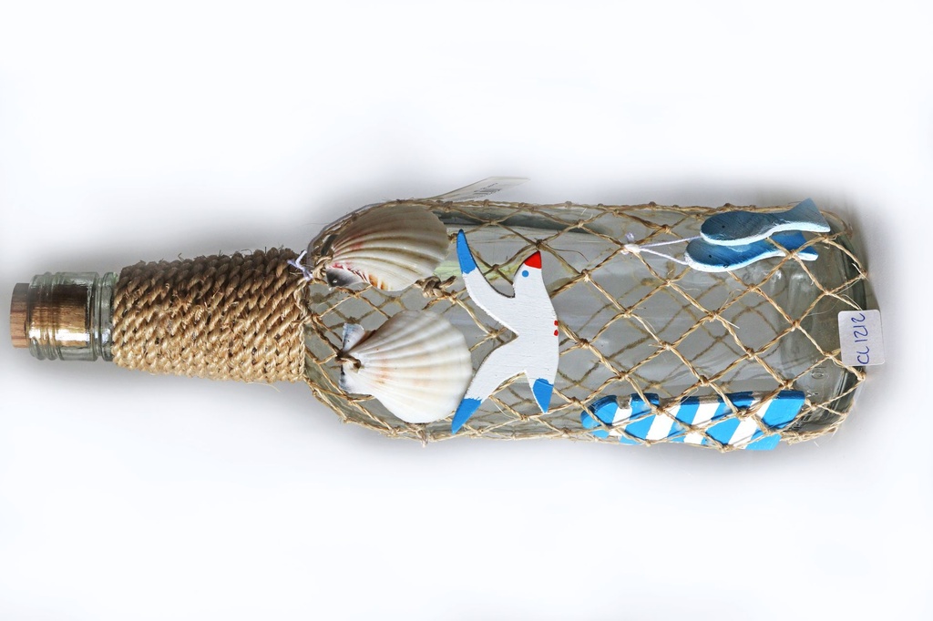 BOTT VETRO C/RETE CORDA CONCH E SOGG MARINI LEGNO 