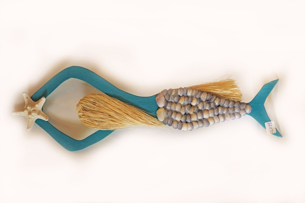 SIRENA LEGNO APP C/CAPELLI RAFIA E DEC CONCH 3 MOD ASS