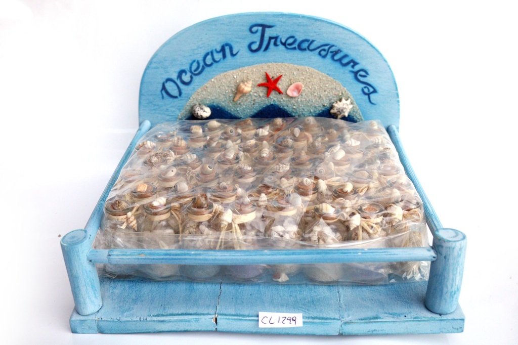 DISPLAY LEGNO C/50 BOTT VETRO C/CONCH E SABBIA (CF. 50 BOTT)