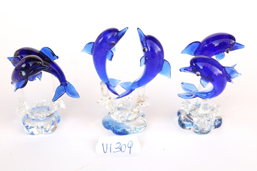 2 DELFINI VETRO SU ONDA C/BASE BLU 