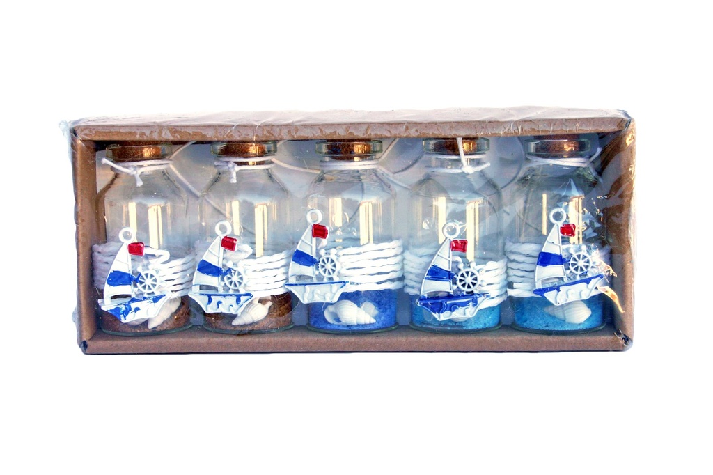 SET STAKLENIH BOČICA S PIJESKOM I ŠKOLJKAMA 5 KOM