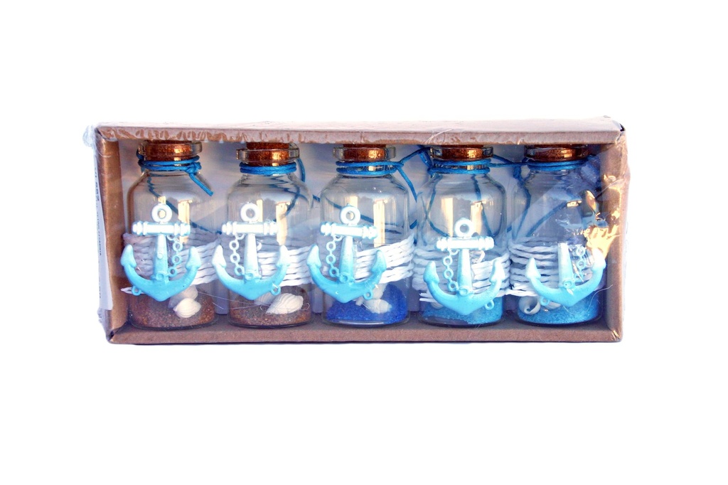 SET BOTTIGLETTE VETRO C/SABBIA E CONCH E RESINA 5pz/cf
