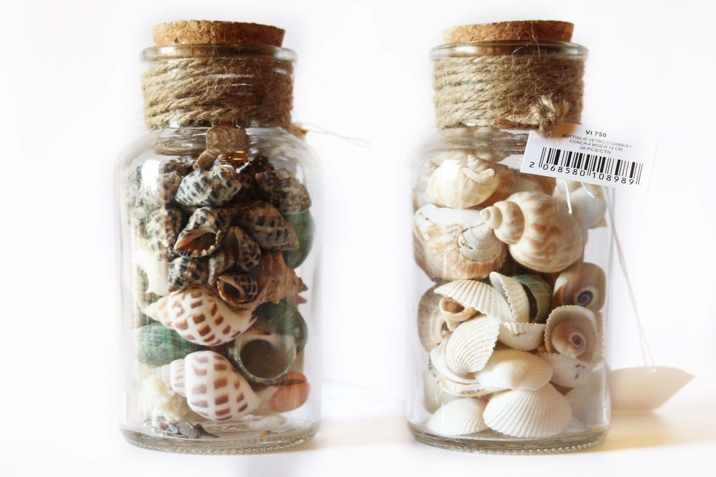 STAKLENA BOČICA S PIJESKOM I ŠKOLJKAMA  H 12 CM 