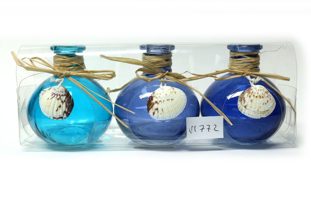 BOTTIGLIA VETRO C/RAFFIA E CONCH 